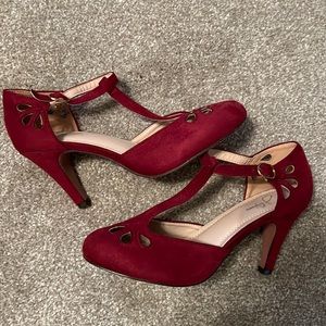 Fun pop of color - burgundy suede heels